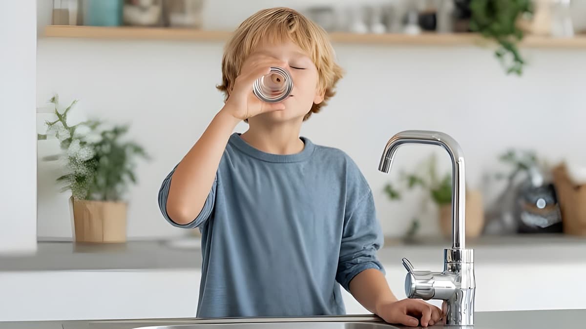 A child drinking a glass of clean, filtered water at a D'Pure kitchen faucet